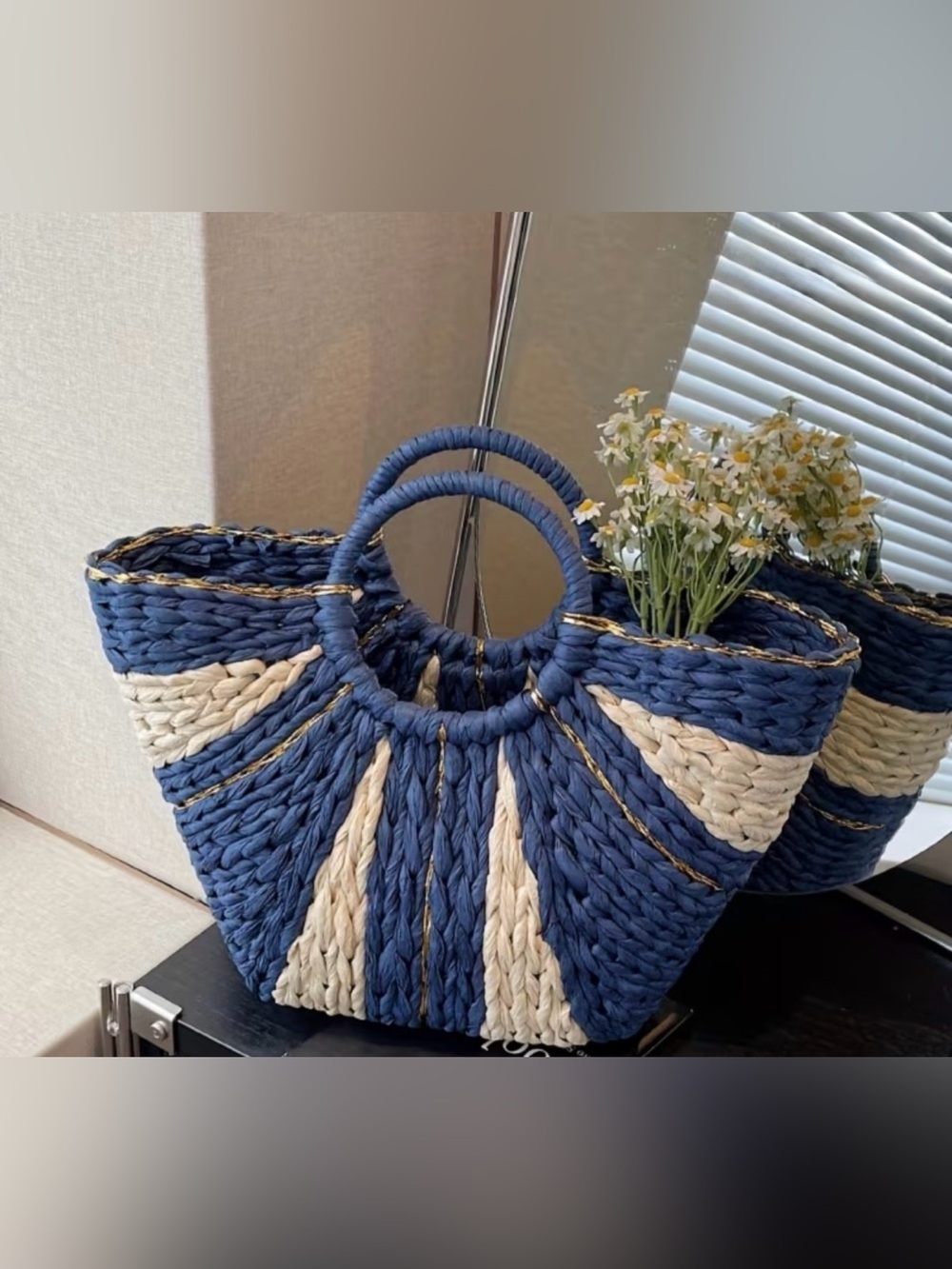 Woven Straw Tote Bag - Navy and Cream